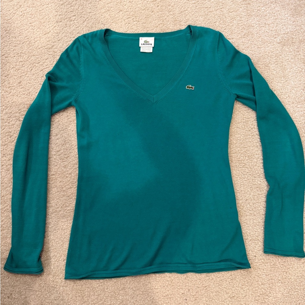 Lacoste Teal V-Neck Long Sleeve Top